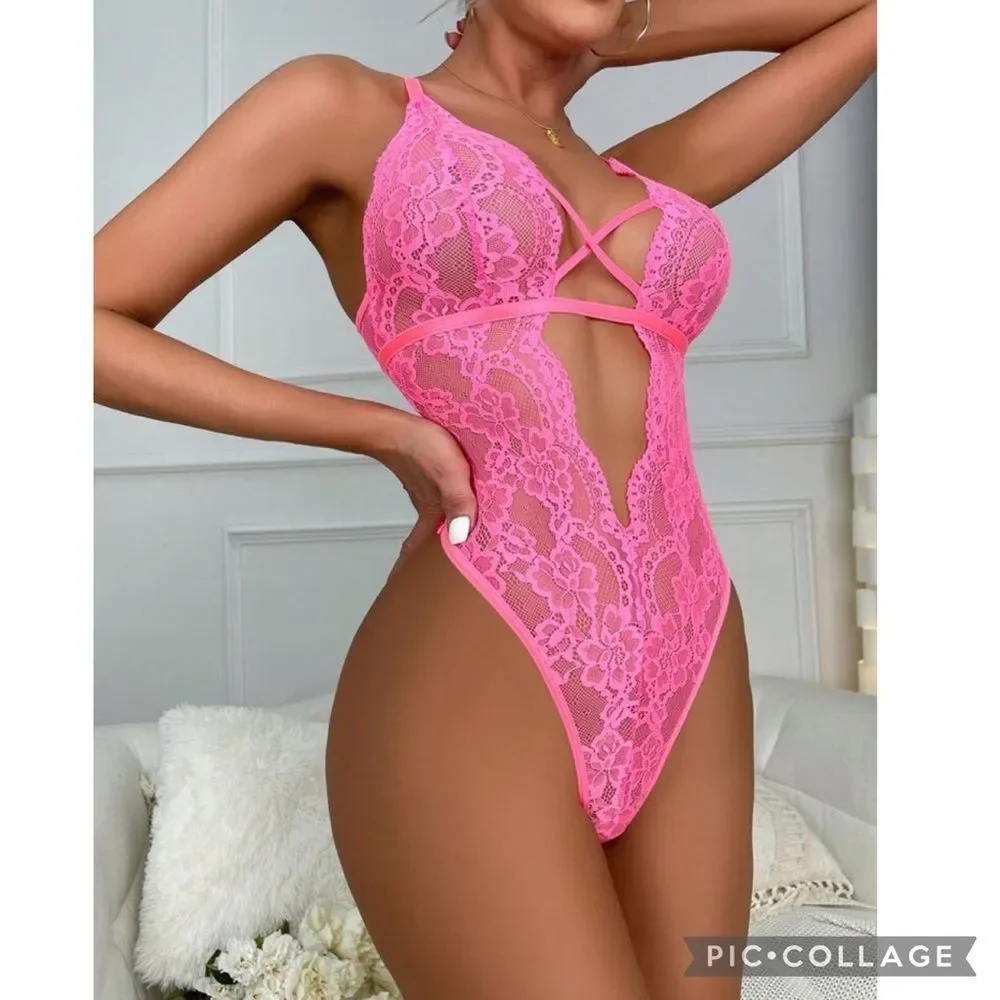 Barbiecore Hot Pink Floral Lace Cut Out Teddy Size Large